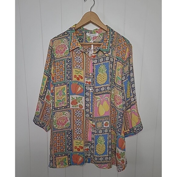 Rose+Olive Womens Plus 2X Button Up Boho Hippie Colorful Fruit Artsy New - Picture 1 of 9